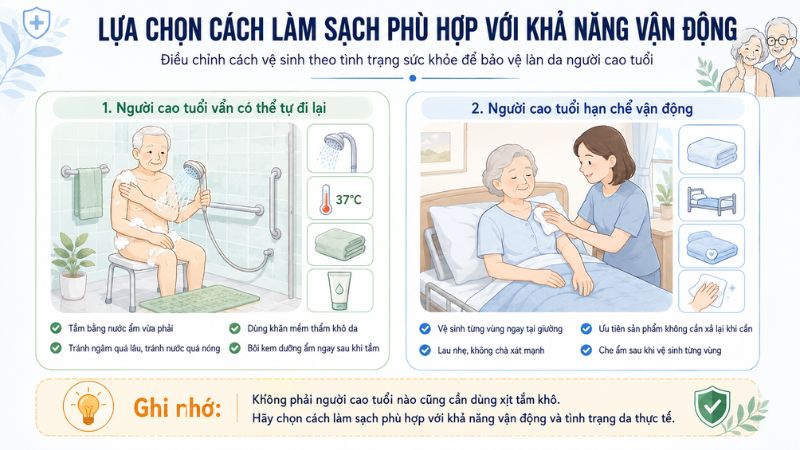 Lựa chọn cách vệ sinh theo khả năng vận động của người cao tuổi