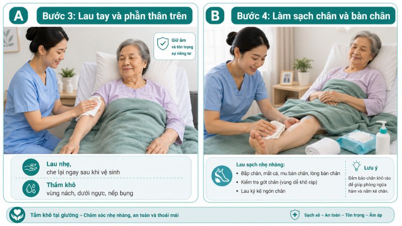 Lau thân trên và chân khi tắm khô tại giườn