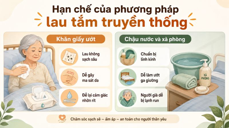 Hạn chế khi lau tắm truyền thống cho người cao tuổi