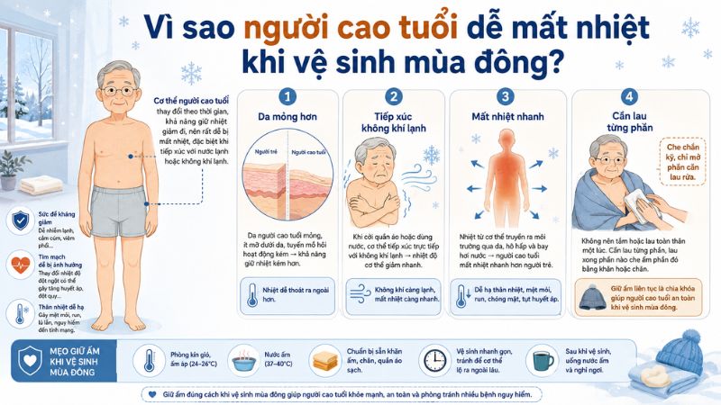 Nguy cơ mất nhiệt khi vệ sinh cho người cao tuổi vào mùa đông