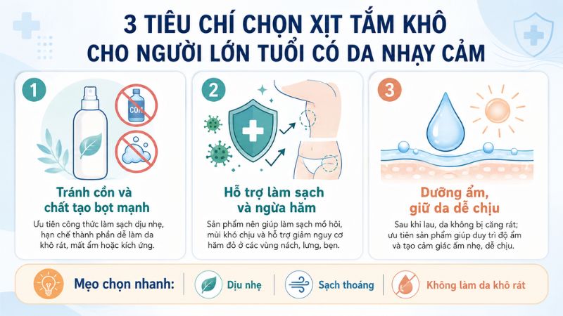 Ba tiêu chí chọn xịt tắm khô cho người cao tuổi